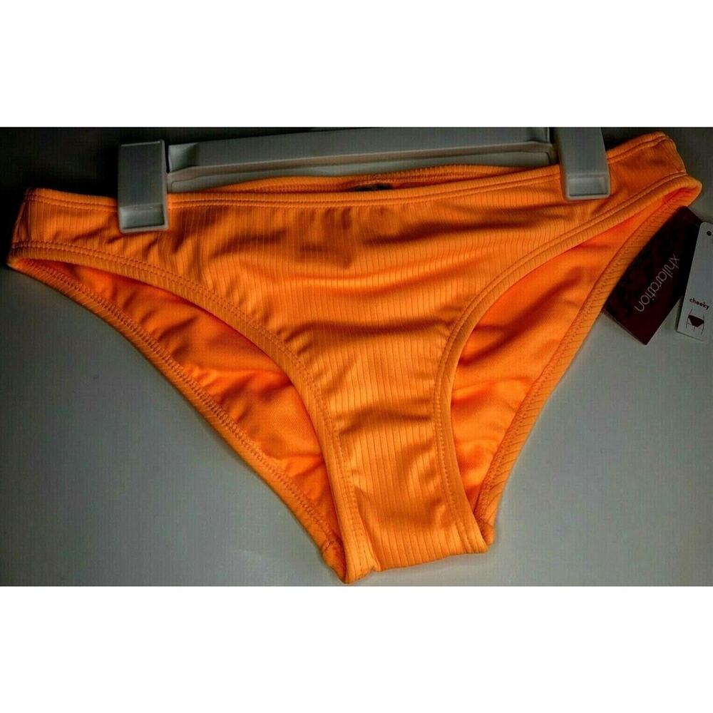 Swimwear Bikini Bottom Womens Cheeky Orange Rib Ruched Back Size M Xhilaration